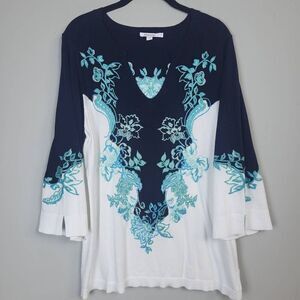 Chicos Womens Kurta Embroidered Knit Top Blue White Sz Large V Neck Lightweight